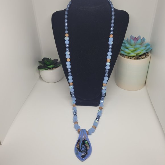 28" Czech Glass/AB Glass Blue and Wood Colored Beads with Lampwork Glass Pendant - Picture 4 of 4